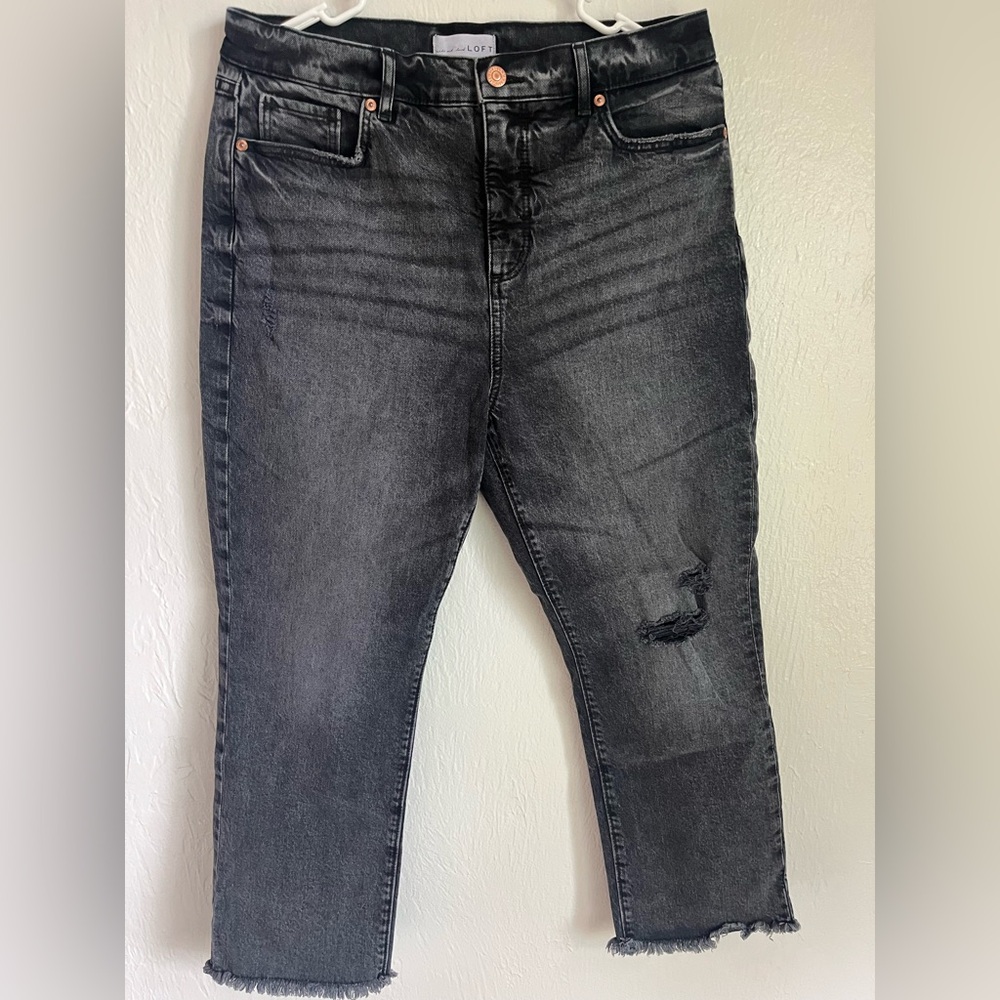Loft The Straight Crop Jeans Black Distressed
